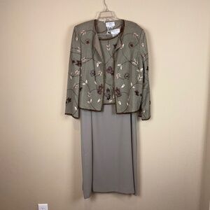 Adrianna Papell Olive/Taupe 3pc Beaded/Embroidered Jacket/Shell w/ Skirt
